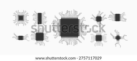 Set of microchip icons with circuit lines on a light background, representing cpu, microchip, electronics, hardware design, and modern computing technology.