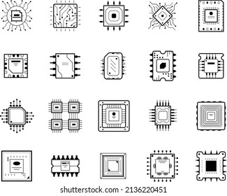 Set of microchip icons silhouette. Black thin line microprocessor chip. Linear cpu processor disign. 