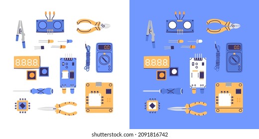 Set of microelectronic components. Arduino programming or test prototype concept. Diode, chip, sensor, screwdriver, clipper, transistor, board, hardware. All hand drawn vectors are isolated. 