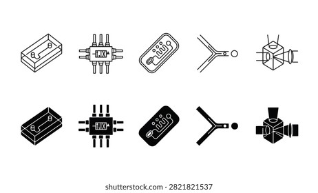Set of microfluidics icons featuring lab on a chip, microchannel chip, fluidics valve, and optical detector vector elements