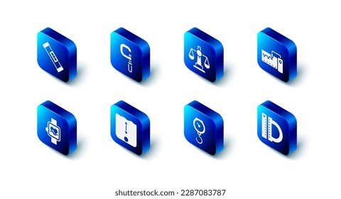Set Micrometer, Scales of justice, Measuring instrument, Protractor and ruler, Hand scale spring mechanical, Depth measurement, Smart watch and Construction bubble level icon. Vector
