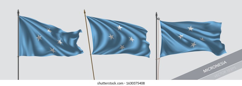 Set of Micronesia waving flag on isolated background vector illustration. 3 Micronesian wavy realistic flag as a symbol of patriotism