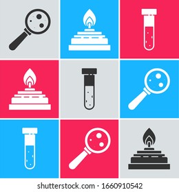 Set Microorganisms under magnifier, Alcohol or spirit burner and Test tube and flask chemical icon. Vector