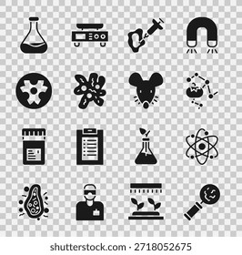 Coloque los microorganismos bajo la lupa, el átomo, el alimento modificado genéticamente, la jeringa, la célula, el símbolo del peligro biológico, el tubo de ensayo y el frasco y el icono del ratón experimental. Vector