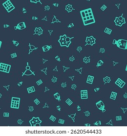 Definir micro-organismos sob lupa, calculadora, bússola de desenho e garrafa de medicina e pílulas em padrão sem costura. Vetor