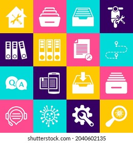 Set Microorganisms under magnifier, Drawer with documents, Route location, Office folders, House service and File icon. Vector