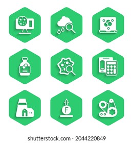 Set Microorganisms under magnifier, Force of physic formula, Timing belt kit, Calculator, Power station plant, Medicine bottle and pills, Chemical and Genetic engineering icon. Vector