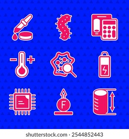 Set Microorganisms under magnifier, Force of physic formula, Height geometrical figure, Battery, Processor CPU, Thermometer, Calculator and Pipette icon. Vector