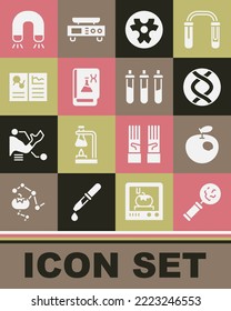 Poner microorganismos bajo lupa, manzana modificada genéticamente, símbolo de ADN, Biohazard, libro de ingeniería, registro clínico, icono de botella de imán y reactivo. Vector
