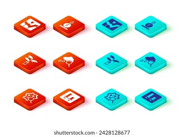 Set Microorganisms under magnifier, Graph chart infographic, Plant breeding, Cloud with rain, Force of physic formula and  icon. Vector