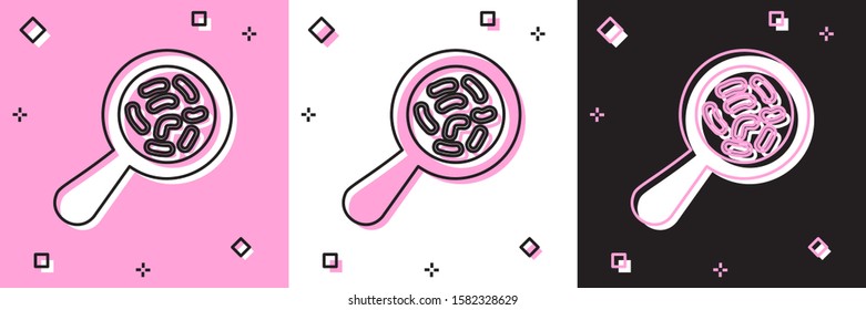 Set Microorganisms under magnifier icon isolated on pink and white, black background. Bacteria and germs, cell cancer, microbe, virus, fungi.  Vector Illustration