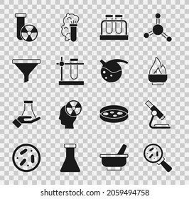 Set Microorganisms under magnifier, Microscope, Alcohol spirit burner, Test tube and flask, on stand, Funnel filter, radiation and  icon. Vector