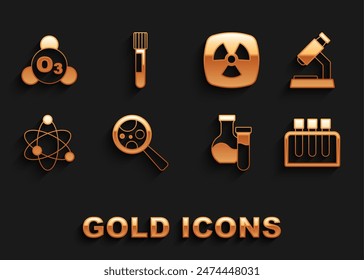 Set Microorganisms under magnifier, Microscope, Test tube, Atom, Radioactive, Ozone and  icon. Vector