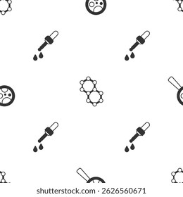Set Microorganisms under magnifier, Molecule and Pipette on seamless pattern. Vector