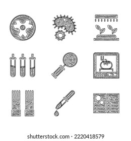 Set Microorganisms under magnifier, Pipette, Clinical record, 3D printing technology, Medical rubber gloves, Reagent bottle, Automatic irrigation sprinklers and Biohazard symbol icon. Vector
