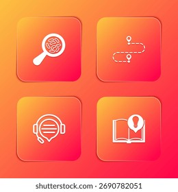 Set Microorganisms under magnifier, Route location, Headphones with speech bubble chat and Interesting facts icon. Vector
