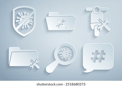 Set Microorganisms under magnifier, Scooter service, Folder, Hashtag speech bubble,  and Stop virus, bacteria icon. Vector
