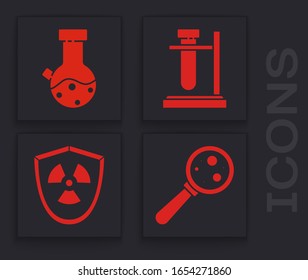 Set Microorganisms under magnifier, Test tube and flask chemical, Test tube flask on stand and Radioactive in shield icon. Vector