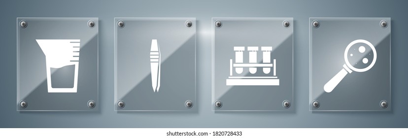 Set Microorganisms under magnifier, Test tube and flask chemical, Tweezers and Laboratory glassware or beaker. Square glass panels. Vector