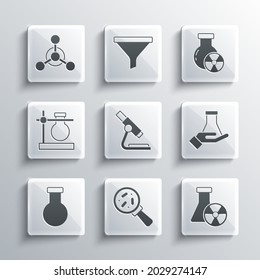 Set Microorganisms under magnifier, Test tube radiation, and flask, Microscope, stand, Molecule and  icon. Vector