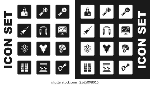 Set Microorganisms under magnifier, Test tube and flask, Syringe, Laboratory assistant, Genetic engineering modification, DNA research, search, Virus and Atom icon. Vector