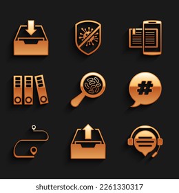 Set Microorganisms under magnifier, Upload inbox, Headphones with speech bubble chat, Hashtag, Route location, Office folders, Smartphone and book and Download icon. Vector