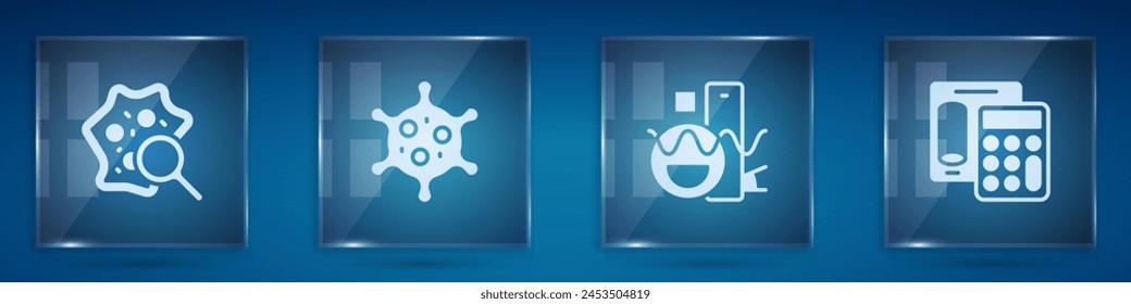 Set Microorganisms under magnifier, Virus, Basic geometric shapes and Calculator. Square glass panels. Vector