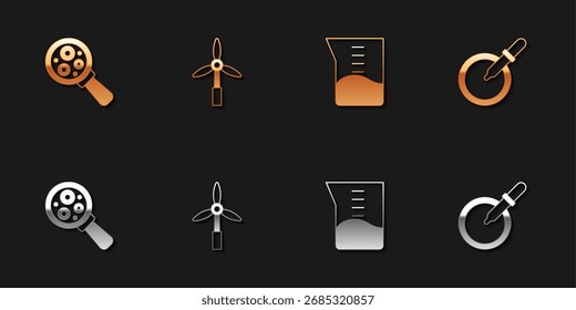 Set Microorganisms under magnifier, Wind turbine, Laboratory glassware beaker and Petri dish with pipette icon. Vector