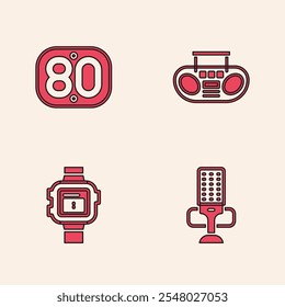 Set Microphone, 80s Retro, Home stereo with two speakers and Wrist watch icon. Vector