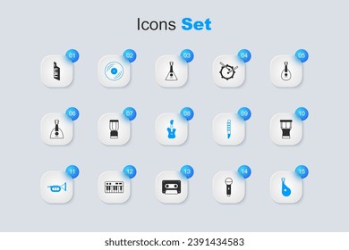 Set Microphone, African djembe drum, Vinyl disk, Trumpet, Bandura, percussion, Keytar and Electric bass guitar icon. Vector