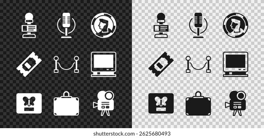 Set Microphone, Ancient coin, Butterfly a frame, Suitcase, Retro cinema camera, Cinema ticket and Rope barrier icon. Vector