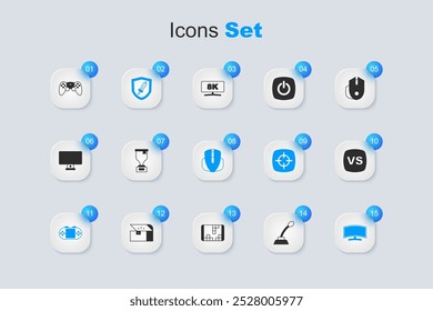 Video Conjunto de micrófono, taza de premio, espada para el juego, consola portátil, monitor de computadora, batalla VS Versus, joystick de controlador de juego e icono de ratón. Vector
