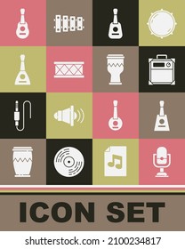 Set Microphone, Balalaika, Guitar amplifier, Drum,  and  icon. Vector