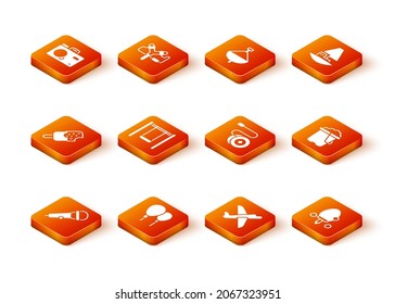 Set Microphone, Balloons, Ice cream, Swing, Toy plane, Yoyo toy, Racket and Sand bucket icon. Vector