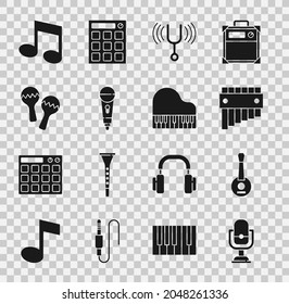 Set Microphone, Banjo, Pan flute, Musical tuning fork, Maracas, note, tone and Grand piano icon. Vector