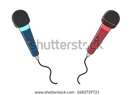 Set, microphone in blue and red, tool for recording music and podcasts, microphone with button and wire, musical instrument, technology, music