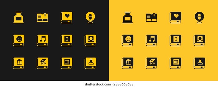 Set Microphone, Book about ecology, Audio book, Romance, Inkwell and Open icon. Vector