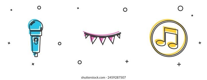 Set Microphone, Carnival garland with flags and Music note, tone icon. Vector