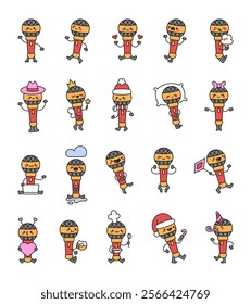 Set of microphone characters featuring kawaii cartoon designs with diverse emotions, adorable singing themes, cheerful broadcasting ideas, and friendly interactions for unique entertainment projects