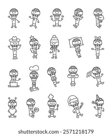 Set of microphone characters featuring kawaii cartoon designs with diverse emotions, adorable singing themes, cheerful broadcasting ideas, and friendly interactions for unique entertainment projects