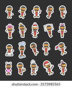 Set of microphone characters featuring kawaii cartoon designs with diverse emotions, adorable singing themes, cheerful broadcasting ideas, and friendly interactions for unique entertainment projects