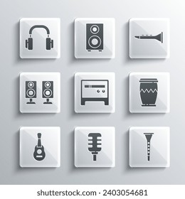 Set Microphone, Clarinet, Drum, Guitar amplifier, Stereo speaker, Headphones and  icon. Vector