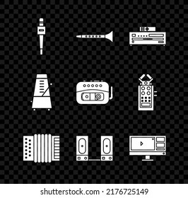 Set Microphone, Clarinet, Music CD player, Musical instrument accordion, Stereo speaker, Video recorder editor software monitor, Metronome with pendulum motion and tape icon. Vector