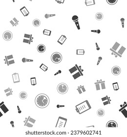 Set Microphone, Clipboard with checklist, Gift box and Clock on seamless pattern. Vector