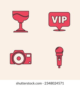 Set Microphone, Cocktail, Location Vip and Photo camera icon. Vector