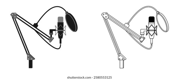 set of microphone condenser and flexible  stand. vector illustration isolated on white background.