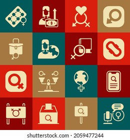 Set Microphone, Dating app, Sanitary napkin, Gender, Women from different countries, Work for female, Packaging of birth control pills and Book about women icon. Vector