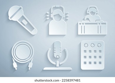 Set Microphone, DJ playing music, Audio jack, Drum machine, Man headphones and  icon. Vector