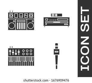 Set Microphone, DJ remote for playing and mixing music, Music synthesizer and Music CD player icon. Vector