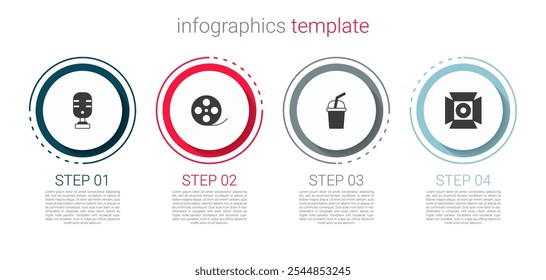 Definir Microfone, Bobina de filme, Vidro de papel com água e Destaque de filme. Modelo de infográfico comercial. Vetor